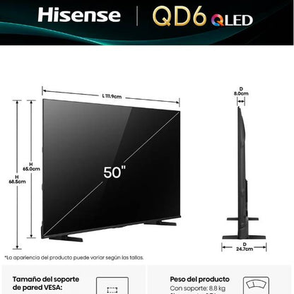 TELEVISOR HISENSE 50QD6QV, 50 PULGADAS, QLED, QUANTUM DOT, 4K UHD, 3840 X 2160 PIXELES, VIDAA SMART TV