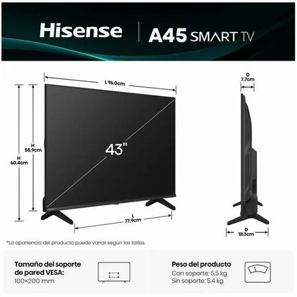 TELEVISOR HISENSE 43A45NV, 43 PULGADAS, LED FULL HD, 1920 X 1080 PIXELES, VIDAA SMART TV