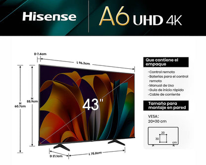 TELEVISOR HISENSE 43A60SV, 43 PULGADAS, LED 4K UHD, 3840 X 2160 PIXELES, VIDAA SMART TV