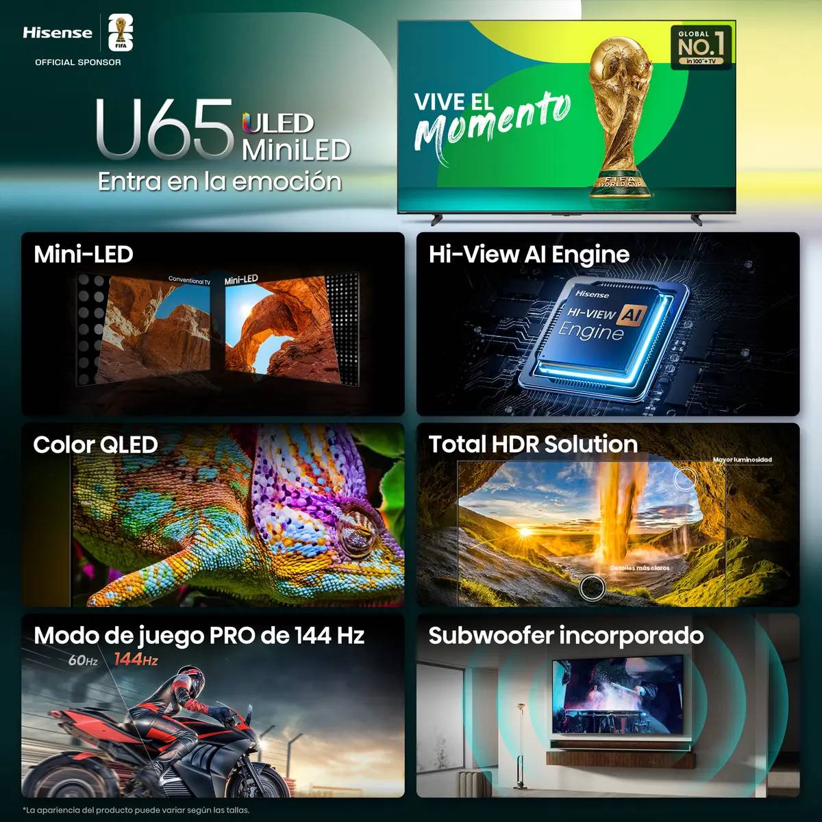 TELEVISOR HISENSE 55U65QFM, 55 PULGADAS, MINILED, QUANTUM DOT, 4K UHD, 3840 X 2160 PIXELES, FIRE SMART TV