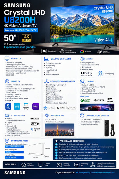 PANTALLA 85 PULGADAS CRYSTAL UHD U8200HF 4K VISION AI SMART TV (2026) RESOLUCIÓN 3840 X 2160 HDMI: 3 USB:1 SISTEMA OPERATIVO SMART TV TIZEN
