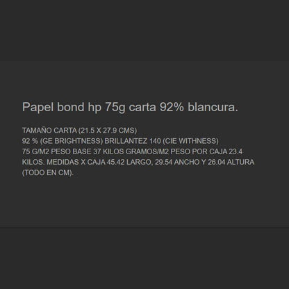 PAPEL TAMAÑO CARTA COLOR BLANCO MARCA HP 764025932868 75GR 92% BLANCURA 10 RESMAS CON  500 HOJAS CADA UNA
