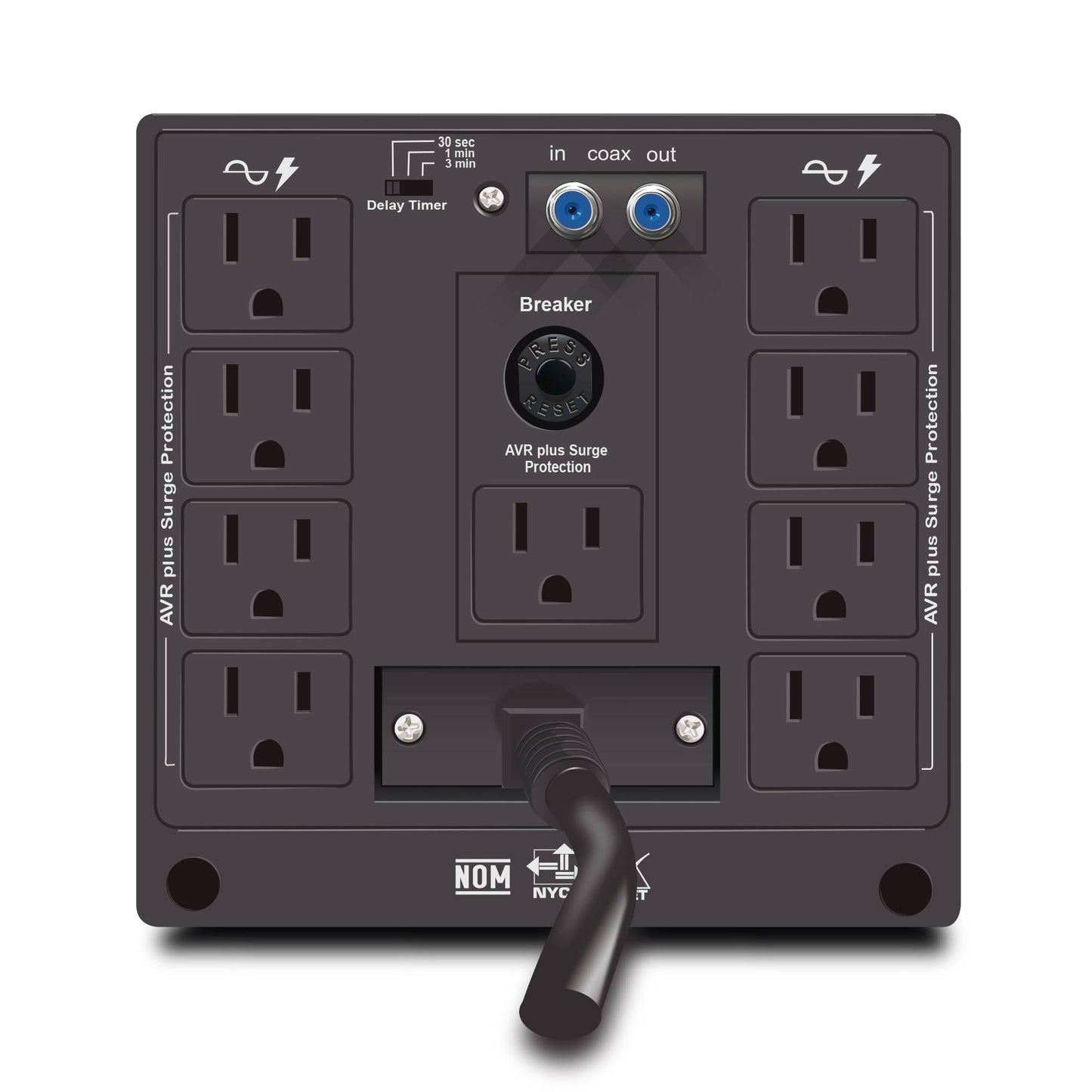 REGULADOR DE VOLTAJE CDP R-AVR5008 5000VA/2500W AVR LINEA BLANCA, 8 SALIDAS, 525 JULIOS, SISTEMA DE RETARDO DE ENCENDIDO, PROTECCIÓN COAXIAL, 120 VAC