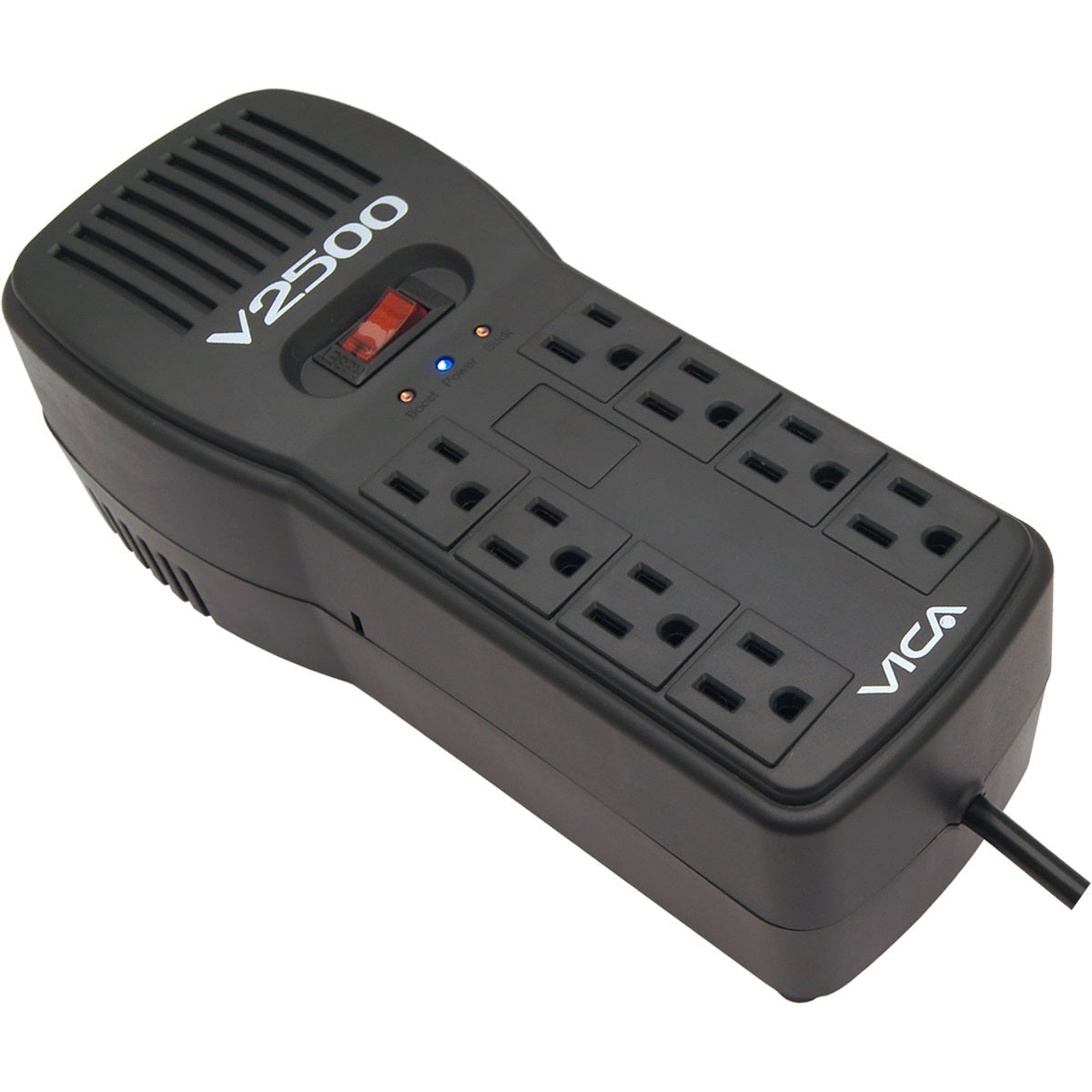 REGULADOR VICA V2500 2500VA/1500W , VOLTAJE 120VCA /60HZ, BREAKER TÉRMICO, 8 TOMAS PROTEGIDAS, INDICADORES LED, PUERTOS RJ11/RJ45, EMPOTRABLE EN PARED