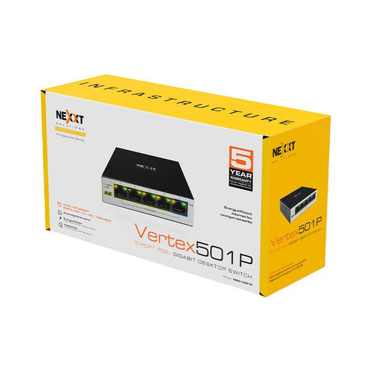 CONMUTADOR DE ESCRITORIO NEXXT PROFESSIONAL POE+ GIGABIT DE 5 PUERTOS, 10/100/1000, 65 W MÁX.