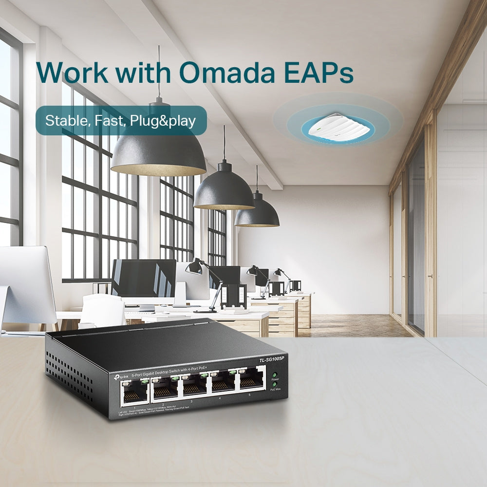 SWITCH NO ADMINISTRABLE (TL-SG1005P) DE (5) PUERTOS 10/100/1000 MBPS, (4) PUERTOS POE +