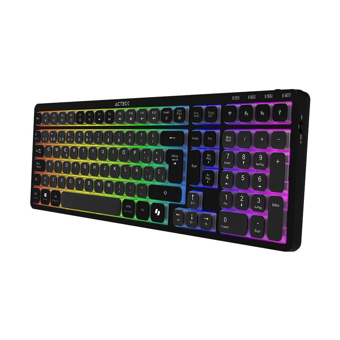 TECLADO INALÁMBRICO RGB TECHNO PRO TI790 ACTECK ELITE SERIES ILUMINACIÓN RGB, TECLADO MULTIDISPOSITIVO INALÁMBRICO, DONGLE 2.4MHZ, BLUETOOTH