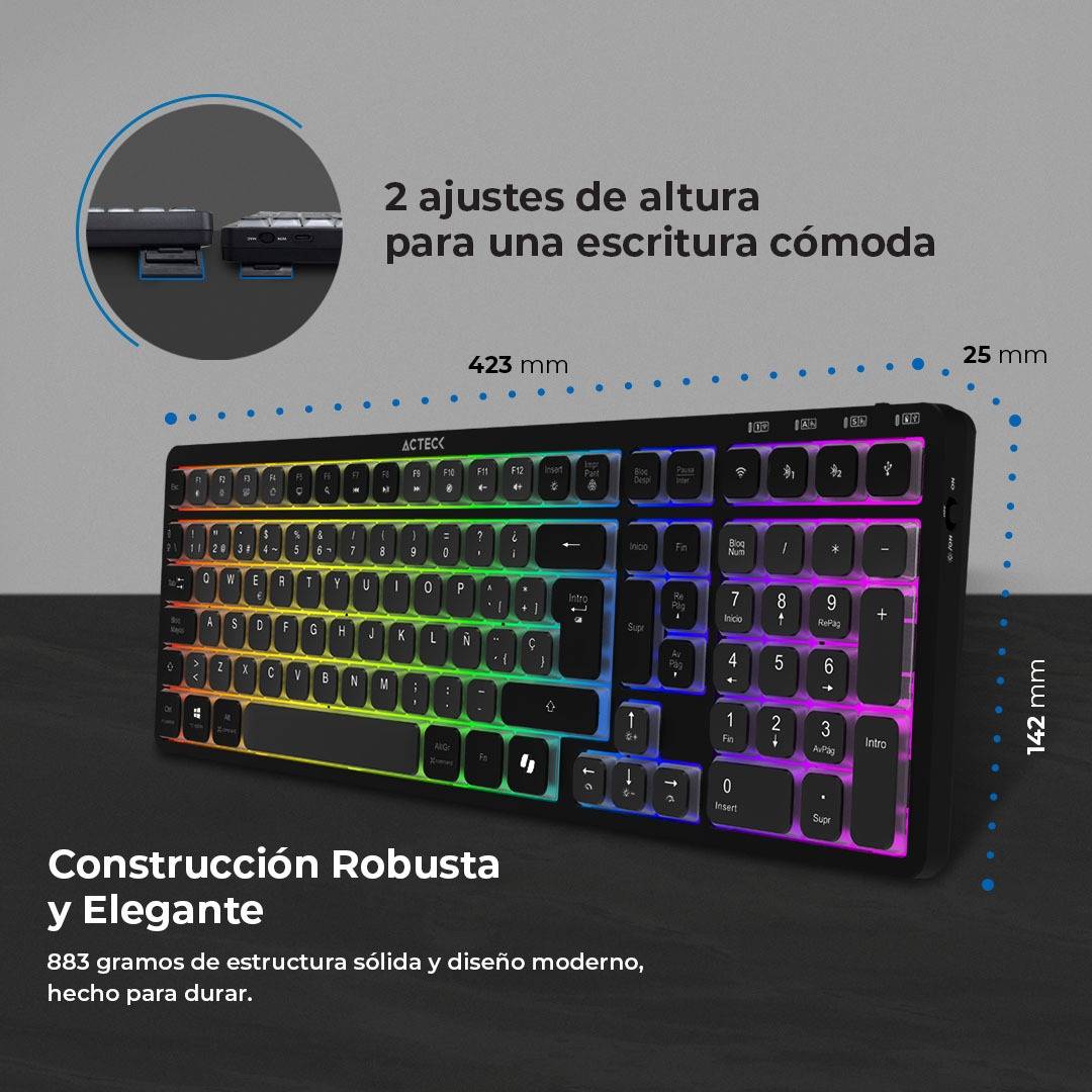 TECLADO INALÁMBRICO RGB TECHNO PRO TI790 ACTECK ELITE SERIES ILUMINACIÓN RGB, TECLADO MULTIDISPOSITIVO INALÁMBRICO, DONGLE 2.4MHZ, BLUETOOTH