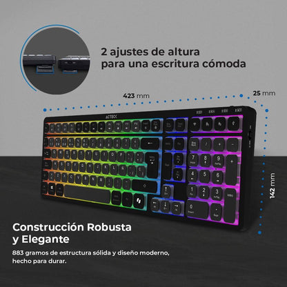 TECLADO INALÁMBRICO RGB TECHNO PRO TI790 ACTECK ELITE SERIES ILUMINACIÓN RGB, TECLADO MULTIDISPOSITIVO INALÁMBRICO, DONGLE 2.4MHZ, BLUETOOTH