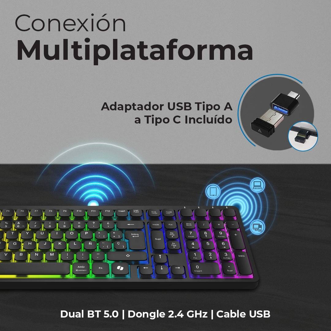 TECLADO INALÁMBRICO RGB TECHNO PRO TI790 ACTECK ELITE SERIES ILUMINACIÓN RGB, TECLADO MULTIDISPOSITIVO INALÁMBRICO, DONGLE 2.4MHZ, BLUETOOTH
