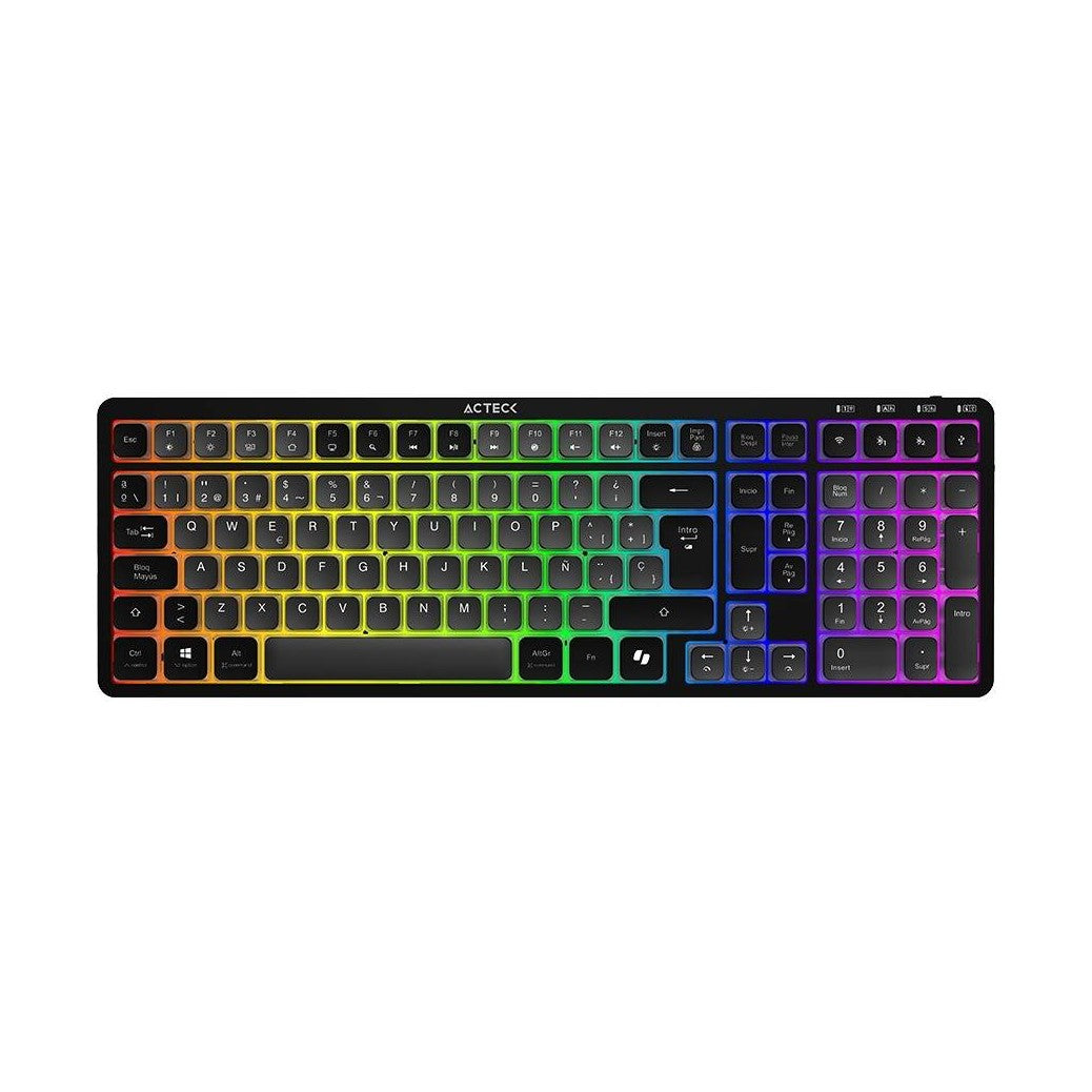 TECLADO INALÁMBRICO RGB TECHNO PRO TI790 ACTECK ELITE SERIES ILUMINACIÓN RGB, TECLADO MULTIDISPOSITIVO INALÁMBRICO, DONGLE 2.4MHZ, BLUETOOTH