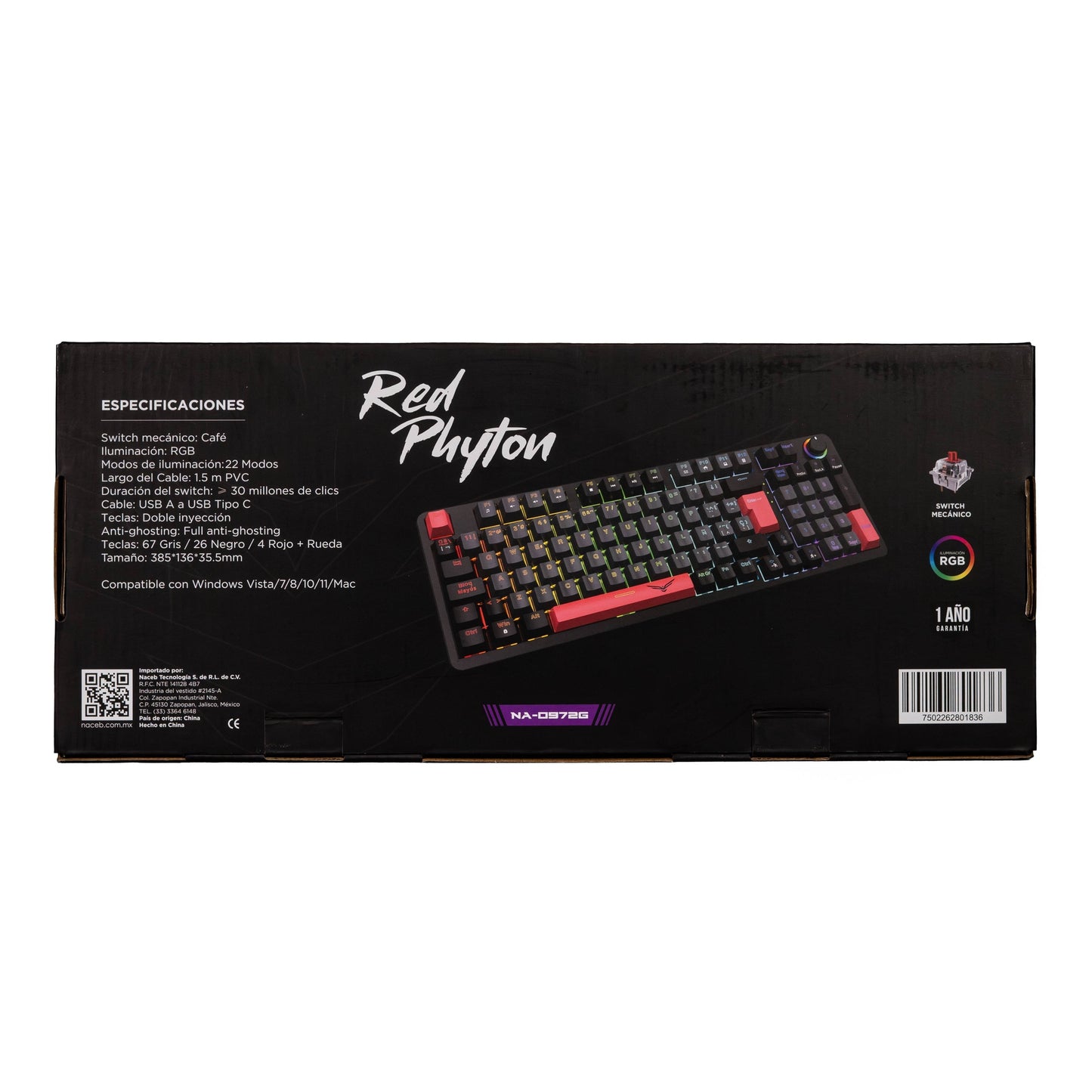 NACEB TECLADO MECANICO GAMER SWITCH RGB RED PHYTON NA-0972G