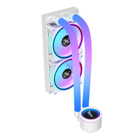 ENFRIAMIENTO LIQUIDO XZEAL 240MM REDONDO XZ413 PARA CPU 2 FAN X120MM MANGUERAS ARGB 3 PINES + PWM 4 PINES + SEGURO PARA INTEL/AMD BLANCO