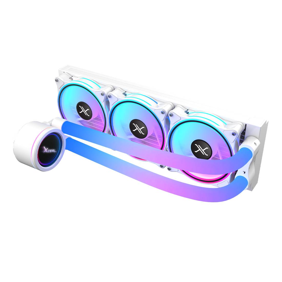 ENFRIAMIENTO LIQUIDO XZEAL 360MM REDONDO XZ414 PARA CPU 3 FAN X120MM MANGUERAS ARGB 3 PINES + PWM 4 PINES + SEGURO PARA INTEL/AMD BLANCO